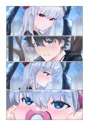 1boy 1girl 1other absurdres anger_vein baby bare_tree bench black_hair blue_eyes blush closed_eyes coat commentary commission english_commentary fate/grand_order fate_(series) father_and_child fujimaru_ritsuka_(male) gloves hat highres if_they_mated kama_(fate) long_hair mother_and_child obazzotto outdoors pacifier red_eyes red_gloves sitting sitting_on_lap sitting_on_person snowing tree white_hair winter winter_clothes winter_coat