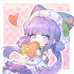 1girl apron back_bow bare_shoulders blunt_bangs border bow box box_of_chocolates cat_princess checkered_background chibi choker closed_mouth country_lolita detached_sleeves dress eyelashes floating_hair frilled_apron frilled_choker frilled_dress frilled_headwear frilled_sleeves frilled_wrist_cuffs frills green_choker hair_intakes hair_rings hat hat_bow headscarf heart heart-shaped_box holding holding_box infinity_nikki leaf_print light_blush lolita_fashion long_hair low_twintails making-of_available medium_dress nikki_(series) outline outside_border pink_background plaid_clothes plaid_dress pocket polka_dot polka_dot_background puffy_short_sleeves puffy_sleeves purple_bow purple_dress purple_eyes purple_hair purple_wrist_cuffs short_sleeves smile solo strapless strapless_dress striped_bow tareme textless_version twintails valentine very_long_hair whispers_of_bliss_(infinity_nikki) white_apron white_border white_headscarf white_outline white_sleeves wrist_cuffs