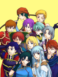 3girls 6+boys :d ;) angry aqua_hair armor artist_request asymmetrical_bangs bandana blonde_hair blue_eyes blue_hair book bow_(weapon) breasts canas_(fire_emblem) cape clenched_teeth closed_eyes closed_mouth earrings elbow_gloves eliwood_(fire_emblem) everyone fingerless_gloves fire_emblem fire_emblem:_the_blazing_blade friends gloves grabbing_another&#039;s_chin green_eyes green_hair grey_hair hand_on_another&#039;s_chin happy hector_(fire_emblem) highres jewelry kent_(fire_emblem) knight laughing looking_at_another looking_at_viewer looking_back lucius_(fire_emblem) lyn_(fire_emblem) medium_breasts monk monocle multiple_boys multiple_girls nils_(fire_emblem) ninian_(fire_emblem) nintendo one_eye_closed open_book open_mouth orange_hair parted_bangs pent_(fire_emblem) ponytail purple_eyes purple_hair rath_(fire_emblem) raven_(fire_emblem) reading red_eyes scar serious simple_background smile teeth upper_body vaida_(fire_emblem) weapon wink yellow_background