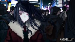 artist_name ateri_illust bag black_hair blurry blurry_background closed_mouth coat crowd expressionless fur-trimmed_coat fur_trim hashtag-only_commentary jill_stingray long_hair looking_at_viewer necktie night night_sky red_coat red_eyes red_necktie short_hair sky solo_focus twitter_username upper_body va-11_hall-a