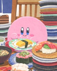 blue_eyes blush_stickers bowl closed_mouth commentary_request crumbs cup eating food highres kirby kirby_(series) miclot nintendo no_humans plate smile soup sushi