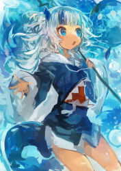 1girl absurdres blue_eyes blue_hair blue_hoodie bubble commentary drawstring fang fins fish_tail gawr_gura hair_ornament highres holding holding_weapon hololive hololive_english hood hood_down hoodie kaamin_(mariarose753) long_hair long_sleeves multicolored_hair open_mouth shark_tail solo streaked_hair tail weapon white_hair wide_sleeves