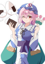 1girl bag blue_kimono blue_ribbon breasts closed_mouth commentary_request dango food food_request frilled_kimono frills glutton hat highres hitodama holding holding_skewer japanese_clothes kimono light_blush long_sleeves looking_at_viewer mob_cap neck_ribbon one_eye_closed onigiri pink_hair red_eyes ribbon saigyouji_yuyuko sanshoku_dango simple_background skewer sleeve_garter smile solo sugiyama_ichirou sweatdrop touhou triangular_headpiece wagashi white_background wide_sleeves
