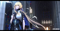 Rule 34 | 1girl, absurdres, arch, archery shooting glove, armband, belt pouch, bianca: veritas (pgr), bianca (pgr), black corset, black gloves, black necktie, blonde hair, breasts, center-flap bangs, church, collared shirt, copyright name, corset, cross, feathers, gloves, hair intakes, hair ribbon, half gloves, highres, holding, holding cross, indoors, large breasts, letterboxed, light particles, long hair, looking up, necktie, official art, official wallpaper, partially fingerless gloves, pillar, ponytail, pouch, punishing: gray raven, ribbon, shirt, short necktie, simple bird, solo, stained glass, tassel, underbust, upper body, very long hair, white shirt, wristband, xtears kitsune, yellow eyes