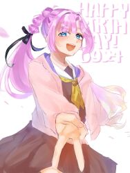 1girl :d ahoge anyoji_hime black_ribbon blonde_hair blue_eyes blunt_bangs blush brown_dress commentary cowboy_shot dated dress gradient_hair gyaru_v hair_intakes hair_ribbon happy_birthday hasu_no_sora_school_uniform highres hood hooded_jacket jacket koi_showyou link!_like!_love_live! long_hair long_sleeves love_live! medium_dress multi-tied_hair multicolored_hair neckerchief open_clothes open_jacket open_mouth pink_hair pink_jacket pleated_dress ponytail ribbon sailor_collar sailor_dress school_uniform sidelocks simple_background smile solo swept_bangs teeth upper_teeth_only v very_long_hair virtual_youtuber white_background white_sailor_collar winter_uniform yellow_neckerchief