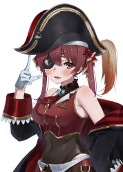 1girl absurdres bicorne black_coat black_hat blue_brooch blush breasts buttons coat commentary cropped_jacket eyepatch fang gloves gradient_hair hair_between_eyes hat heart heart_print highres hololive houshou_marine houshou_marine_(1st_costume) jacket leotard multicolored_hair open_mouth red_eyes red_hair red_jacket shin_ilst simple_background sleeveless sleeveless_jacket solo tongue twintails virtual_youtuber white_background white_gloves