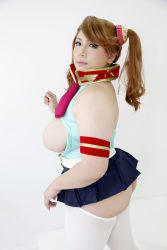 Rule 34 | 10s, 1girl, asian, boots, breasts, brown eyes, brown hair, censored, chouzuki maryou, cosplay, female focus, gundam, gundam build fighters, gundam build fighters try, hair ornament, high heel boots, high heels, highres, photo (medium), plump, sazaki kaoruko, sazaki kaoruko (cosplay), solo