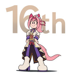 1girl absurdres animal_ears bow choker commentary corset cropped_jacket ear_bow ear_covers english_commentary garter_straps haru_urara_(umamusume) headband highres horse_ears horse_girl horse_tail jacket long_hair official_alternate_costume overskirt pendant_choker pink_hair pink_headband ponytail pringus_mcdingus purple_choker purple_eyes purple_garter_straps purple_thighhighs red_corset red_shorts shorts smile solo starting_future_(umamusume) tail thighhighs umamusume white_background white_jacket