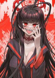 Rule 34 | 1girl, @ @, absurdres, antenna hair, black hair, black sailor collar, black shirt, blood, blood halo, blue archive, blunt bangs, breasts, choker, cleavage, halo, hand up, highres, jeongdang geolae, large breasts, liquid halo, long hair, long sleeves, neckerchief, open mouth, red background, red choker, red eyes, red halo, red neckerchief, sailor collar, sharp teeth, shirt, smile, solo, teeth, tongue, tongue out, tsurugi (blue archive), upper body
