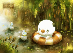 animal_focus bird cattail commentary_request duck ducklett gen_5_pokemon innertube looking_at_another lowres nature nintendo no_humans open_mouth oshawott outdoors plant pokemon pokemon_(creature) pond postage_stamp ripples swim_ring yuurakusei