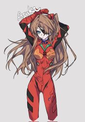 1girl arm_above_head arm_behind_head blue_eyes bodysuit breasts brown_hair character_name clenched_hand eyepatch hair_ornament highres interface_headset_(evangelion) long_hair mecha_pilot_suit neon_genesis_evangelion number_print plugsuit_(evangelion) red_bodysuit shadow silence/cell simple_background souryuu_asuka_langley