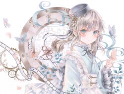 1girl blue_eyes blush branch brown_hair bug butterfly chinese_zodiac dress female_focus film_reel gears hair_ornament hair_ribbon hat highres insect marker_(medium) neck_ribbon original paruno petals ribbon solo tagme traditional_media