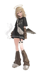1girl absurdres angel arm_warmers ashal_(mansu) bags_under_eyes black_eyes black_shirt blonde_hair broken_halo cigarette cross cross_necklace fallen_angel fanny_pack full_body gold_necklace halo highres holding holding_cigarette jewelry leg_warmers long_shirt looking_at_viewer mansu_(user_pnmp4287) neck_tattoo necklace o-ring o-ring_thigh_strap original parted_lips scissor_tattoo shirt simple_background single_wing smoke smoking t-shirt tattoo thigh_strap white_background wings