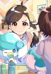 1girl adjusting_hair applin braid brown_hair gen_8_pokemon hand_in_own_hair highres juliana_(pokemon) looking_at_mirror miraidon mirror necktie nemona_(pokemon) nintendo picture_frame piyo_(toripoke710) pokemon pokemon_(creature) pokemon_sv purple_necktie quaxly school_uniform uva_academy_school_uniform