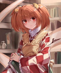 Rule 34 | 1girl, absurdres, apron, bell, blush, book, checkered clothes, checkered kimono, closed mouth, commentary, english commentary, frilled sleeves, frills, green skirt, hair bell, hair ornament, highres, holding, holding book, japanese clothes, kimono, long sleeves, looking at viewer, motoori kosuzu, red eyes, signature, skirt, smile, top-exerou, touhou, two side up, wide sleeves, yellow apron