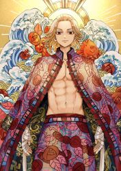 1boy abs black_eyes blonde_hair bo_1125359 closed_mouth coat coat_on_shoulders dorayaki empty_eyes floral_print food highres long_sleeves looking_at_viewer male_focus medium_hair navel rose_print sano_manjirou smile tokyo_revengers wagashi