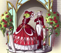 2girls alternate_costume blue_eyes boots bow braid braided_ponytail dress female_focus flower full_body heart highres jacket kirifuji_nozomi mask mask_on_head mole mole_under_eye multiple_girls oosuzuki_kurara pants red_boots red_dress red_flower red_jacket rose rose_bush simple_background standing the_hundred_line_-last_defense_academy- tomato white_background white_bow white_pants