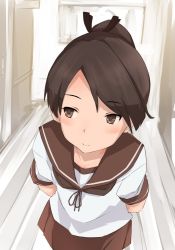 Rule 34 | 1girl, arms behind back, black ribbon, brown eyes, brown hair, brown skirt, commentary, female focus, hair ribbon, kantai collection, looking to the side, pleated skirt, ponytail, ribbon, sailor collar, school uniform, serafuku, shikinami (kancolle), short hair, skirt, solo, yamaioni (sasakama)