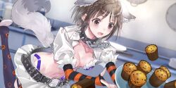 Rule 34 | 1girl, :o, animal ear fluff, animal ears, belt, bikini, black belt, black gloves, black thighhighs, blue reflection (series), blue reflection sun, braid, breasts, brown eyes, brown hair, chain, chain leash, chocolate chip, clumsy, collar, collarbone, counter, cupcake, dog ears, dog tail, droopy ears, dropping, dutch angle, elbow gloves, flip-flops, food, fur-trimmed bikini, fur-trimmed gloves, fur trim, game cg, gloves, grey tail, halloween, halloween costume, highleg, highleg bikini, highres, hirahara hiori, indoors, jack-o&#039;-lantern print, jacket, kemonomimi mode, kishida mel, kitchen, leaning forward, leash, leather, leather jacket, navel, non-web source, o-ring, o-ring belt, official art, open clothes, open jacket, open mouth, orange gloves, partially fingerless gloves, plate, plate stack, purple bikini, sandals, short hair, single braid, skirt, small breasts, small sweatdrop, solo, spiked belt, spiked collar, spikes, standing, standing on one leg, star (symbol), star print, striped clothes, striped gloves, swimsuit, tail, thighhighs, tray, two-tone gloves, white jacket, white sandals, white skirt
