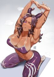 1girl abs absurdres breasts character_request commission dark-skinned_female dark_skin dated from_above gradient_background highres horns large_breasts long_hair looking_at_viewer ming_liu muscular muscular_female one_eye_closed original pants purple_eyes signature sitting solo sports_bra steaming_body stretching sweat veins wariza yoga_pants