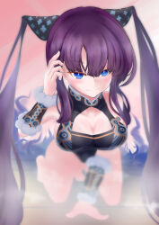 1girl absurdres adapted_costume all_fours bamboo_tac bare_shoulders barefoot black_leotard blue_eyes blush breasts cleavage detached_sleeves fate/grand_order fate_(series) hair_ornament highres large_breasts leotard long_hair looking_at_viewer purple_hair sidelocks smile solo thighs twintails very_long_hair yang_guifei_(fate) yang_guifei_(second_ascension)_(fate)