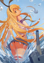 10s 1girl ass black_panties blonde_hair blue_sky blush bow club3 crop_top elbow_gloves female_focus from_behind gloves grey_eyes hair_bow hair_ornament hair_ribbon highleg highleg_panties highres kantai_collection long_hair looking_at_viewer looking_back miniskirt panties pantyshot rensouhou-chan ribbon sailor_collar school_uniform serafuku shimakaze_(kancolle) skirt sky solo standing striped_clothes striped_thighhighs thighhighs thong underwear water white_gloves