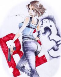 1girl ass blue_shirt breasts brown_hair copyright_name elbow_pads gun highres holding holding_gun holding_weapon jewelry jill_valentine necklace pants resident_evil resident_evil_3:_nemesis resident_evil_3_(remake) rodrigo_yoshimiya shirt single_elbow_pad smile weapon