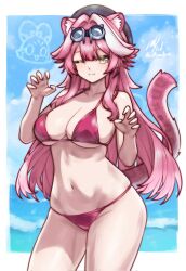 1girl animal_ear_fluff animal_ears bikini breasts collarbone contrapposto extra_ears hat highres hololive large_breasts long_hair looking_at_viewer navel one_eye_closed pink_hair raora_panthera rotomdocs sidelocks swimsuit tail