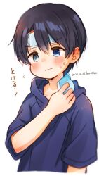 1boy :| arm_up black_hair blue_eyes blue_hoodie child closed_mouth commentary_request cropped_torso curtained_hair dot_nose far_tarooo fever heterochromia highres hiro_(far_tarooo) hood hood_down hoodie ice_pack male_focus original sweat translation_request upper_body white_background