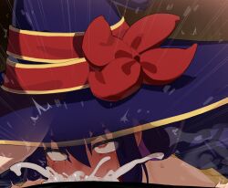 1boy 1girl absurdres blue_hat blush commentary_request cum cum_in_mouth cum_overflow deepthroat fellatio hat hetero highres idola_avorn long_hair mizumizuni oral penis red_eyes sentai_red_ga_isekai_de_boukensha_ni_naru solo_focus sweat tears witch_hat