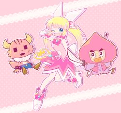 Rule 34 | 1girl, 2boys, azuchimomoyama kurumi, blonde hair, blue eyes, blue shorts, bow, character request, clothing cutout, dress, furry, furry male, gloves, long hair, looking at viewer, magical girl, multiple boys, navel cutout, one eye closed, open mouth, pink background, pink bow, pink dress, seizei ganbare! mahou shoujo kurumi, shorts, sword, tsunoji, twintails, v, weapon, white footwear, white gloves