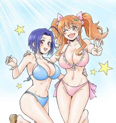 2girls absurdres ahoge bare_shoulders bikini blue_bikini blue_hair blush bow breasts brown_eyes cleavage collarbone frilled_bikini frills groin hair_bow hair_ornament hand_on_another&#039;s_shoulder highres idolmaster idolmaster_(classic) idolmaster_cinderella_girls large_breasts leg_up looking_at_viewer miura_azusa moroboshi_kirari multiple_girls navel one_eye_closed open_mouth orange_hair pink_bikini red_eyes short_hair smile swimsuit thighs twintails v wavy_hair wavy_sidelocks