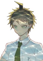 Rule 34 | 1boy, brown eyes, brown hair, danganronpa (series), danganronpa 2: goodbye despair, green necktie, highres, hinata hajime, male focus, necktie, ringed eyes, shirt, simple background, solo, upper body, white background, white shirt, youko-shima