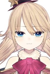 1girl :3 bare_shoulders blonde_hair blue_eyes bow bowtie brown_shirt closed_mouth commentary_request fur-trimmed_shirt fur_collar fur_trim gajyumaru_kazehoshi hat hat_ornament indie_virtual_youtuber long_hair looking_at_viewer mini_hat mini_top_hat parted_bangs portrait purple_bow purple_bowtie riuichi shirt simple_background sleeveless sleeveless_shirt smile solo sparkling_eyes star_(symbol) star_hat_ornament straight-on swept_bangs top_hat twintails white_background