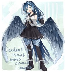 1girl artist_name bare_shoulders bird_tail black_corset black_footwear black_skirt black_sleeves black_thighhighs blue_eyes blue_feathers blue_hair blue_tail blue_wings blush claws commentary commission commissioner_name corset detached_sleeves fang feathered_wings feathers frilled_footwear hair_between_eyes half-harpy heart heart_necklace highres jewelry komerina long_hair looking_at_viewer low_wings necklace open_mouth original pleated_skirt ponytail shirt skeb_commission skin_fang skirt sleeveless sleeveless_shirt solo tail thighhighs translation_request white_shirt wings