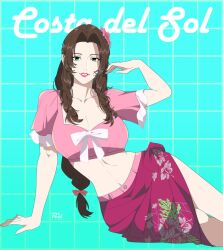1girl aerith_gainsborough aerith_gainsborough_(floral_delight) artist_name blue_background breasts brown_hair cleavage collarbone commentary english_commentary english_text final_fantasy final_fantasy_vii final_fantasy_vii_rebirth final_fantasy_vii_remake flower forehead green_eyes hair_flower hair_ornament lips long_hair medium_breasts midriff navel official_alternate_costume pink_flower pink_lips pink_sarong pink_shirt r3dfive sarong shirt short_sleeves skirt smile solo stomach