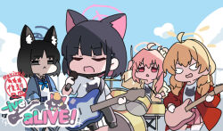 4girls animal_ear_fluff animal_ears black_hair black_jacket blue_archive blue_neckerchief blue_sailor_collar blue_skirt blue_sky brown_jacket cat_ears cat_girl cat_tail chibi closed_eyes clothes_around_waist cloud commentary_request day drum drum_set drumsticks electric_guitar grey_eyes guitar half-closed_eyes halo holding holding_drumsticks holding_instrument instrument jacket jacket_around_waist kazusa_(band)_(blue_archive) kazusa_(blue_archive) kikyou_(blue_archive) mask mask_pull mouth_mask multicolored_hair multiple_girls multiple_tails natsu_(band)_(blue_archive) natsu_(blue_archive) neckerchief nyaru_(nyaru_4126) open_clothes open_jacket open_mouth outdoors pink_hair pink_skirt pleated_skirt red_jacket sailor_collar school_uniform serafuku shirt skirt sky tail translation_request two-tone_hair two_tails white_shirt white_skirt yoshimi_(band)_(blue_archive) yoshimi_(blue_archive)