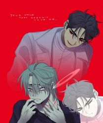 2boys alien_stage black_hair black_shirt blood blood_on_neck coat commentary english_commentary english_text fang ghost green_eyes grey_hair halo head_on_another&#039;s_shoulder ivan_(alien_stage) lqbtill lyrics multiple_boys red_background red_pupils shirt short_hair smile sweat tears till_(alien_stage) very_short_hair white_coat white_shirt