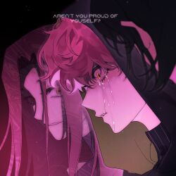 Rule 34 | 3girls, alien stage, black hair, black hood, commentary, crying, dual persona, english text, hashtag-only commentary, highres, hood, hood up, long hair, looking at another, mizi (alien stage), multiple girls, parted lips, pink hair, sharonmitsu, short hair, sua (alien stage), turtleneck, very short hair, yellow eyes