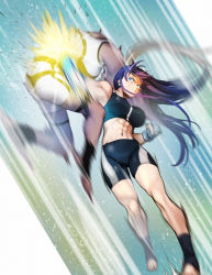 2girls abs absurdres aoba_(smartbeat) barefoot bike_shorts black_shorts black_sports_bra blue_eyes breasts caenis_(fate) clenched_hands commentary_request commission dark-skinned_female dark_skin fate/grand_order fate_(series) fingerless_gloves gloves highres large_breasts lifting_person long_hair martha_(fate) martha_(swimsuit_ruler)_(fate) martha_(under_the_same_sky)_(fate) mixed_martial_arts mma_gloves motion_blur motion_lines multiple_girls muscular muscular_female navel punching purple_hair ryona serious shorts skeb_commission solo_focus sports_bra stomach_punch sweat toeless_legwear uppercut white_shorts white_sports_bra