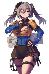 1girl adjusting_clothes adjusting_necktie american_flag artist_name bags_under_eyes belt_buckle black_skirt blue_eyes blue_sleeves breasts buckle carrying_over_shoulder chest_harness cleavage clenched_teeth collar collared_shirt commentary commission cowboy_shot dated diesel_locomotive electric_locomotive emd_dm30ac english_commentary english_text glaring goggles grey_hair hair_between_eyes hair_ribbon harness highres large_breasts light_blush locomotive logo long_island_rail_road long_sleeves looking_at_viewer medium_hair miniskirt necktie open_mouth original personification pleated_skirt ribbon shirt shoulder_strap signature simple_background skirt solo standing star_(symbol) teeth thigh_strap thighs train twintails unworn_goggles watermark white_background yellow_ribbon yellow_shirt zhvo