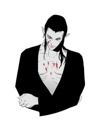 1boy baldur&#039;s_gate baldur&#039;s_gate_3 black_hair blood cazador_szarr dungeons_&amp;_dragons dungeons_&amp;_dragons hackb0m highres long_hair plunging_neckline pointy_ears solo spot_color upper_body white_background