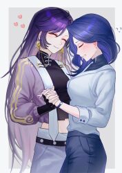 2girls absurdres aurora_(love_curse) black_pants black_shirt blue_hair blush border clenched_teeth closed_eyes commentary earrings flying_sweatdrops grey_background heart highres holding_hands jewelry long_hair love_curse:_find_your_soulmate midriff mole molingxiang_chimangguo multicolored_hair multiple_girls pants pink_hair purple_hair shirt simple_background smile streaked_hair symbol-shaped_pupils teeth victoria_qi watch watermark web_address white_border white_shirt wristwatch yuri