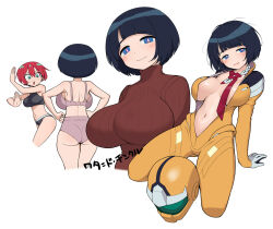 2girls amate_yuzuriha aqua_eyes ass black_hair blue_eyes bob_cut breast_awe breasts female_focus gundam gundam_gquuuuuux huge_ass huge_breasts looking_at_viewer multiple_girls red_hair shiiko_sugai short_hair wata_do_chinkuru