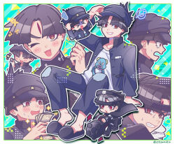 &gt;_&lt; 1boy armband black_boots black_cape black_hair black_jacket black_pants black_slippers blue_background blue_hat blue_jacket blue_pants blush_stickers boots border cape chibi closed_eyes comedic_sweatdrop commentary diagonal-striped_background drooling eyeliner facial_mark forehead_mark gakuran gatling_gun gun hat holding holding_gun holding_money holding_spoon holding_weapon jacket last_defense_academy_school_uniform long_sleeves makeup male_focus maruko_gaku minigun money mouth_drool multiple_views musical_note notice_lines one_eye_closed open_clothes open_jacket open_mouth otowaika outside_border pants parted_bangs platform_boots red_eyeliner red_eyes school_uniform shirt short_hair slippers spoken_musical_note spoon striped_background sweat tearing_up the_hundred_line_-last_defense_academy- twitter_username watermark weapon white_armband white_border white_shirt