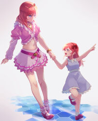 Rule 34 | 2girls, :d, aged down, asymmetrical clothes, bangle, belt, bilingual commentary, blue dress, bow, bow hairband, bracelet, breasts, closed mouth, commentary, cropped shirt, dress, dress bow, english commentary, full body, gold tiara, hairband, highres, jewelry, leg up, long hair, long sleeves, looking at another, love live!, love live! school idol project, macken666, mary janes, medium breasts, miniskirt, mixed-language commentary, multiple girls, music s.t.a.r.t!!, nishikino maki, official alternate costume, open mouth, pink belt, pink shirt, pink shoes, pink skirt, pleated skirt, pointing, profile, puffy short sleeves, puffy sleeves, purple eyes, red bow, red hair, red hairband, shirt, shoes, short sleeves, sidelocks, simple background, skirt, skirt set, sleeveless, sleeveless dress, smile, socks, split mouth, time paradox, walking, white background, white bow, white socks
