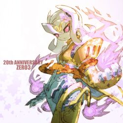 anniversary black_sclera colored_sclera cowboy_shot cubit_foxtar_(mega_man) fire glowing glowing_eyes long_hair male_focus medium_hair mega_man_(series) mega_man_zero_(series) mega_man_zero_3 nakayama_tooru purple_fire red_eyes robot solo white_background white_hair