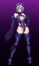 1girl absurdres alternate_breast_size aoi_tabane bare_shoulders boots breasts bullpup cleavage cleavage_cutout clothing_cutout commission corruption covered_erect_nipples covered_navel dark_persona elbow_gloves full_body gloves gluteal_fold gradient_background grey_hair gun hand_on_own_hip harold_japan high_heel_boots high_heels highleg highleg_leotard highres holding holding_gun holding_weapon horns impossible_clothes impossible_leotard kampfer kouyoku_senki_exs-tia large_breasts large_variant_set leotard looking_at_viewer mind_controlled_exs-tia open_mouth p90 personal_defense_weapon purple_background purple_eyes purple_hair red_eyes senou_natsuru short_hair skeb_commission smile solo standing submachine_gun thigh_boots thighhighs tongue tongue_out variant_set weapon