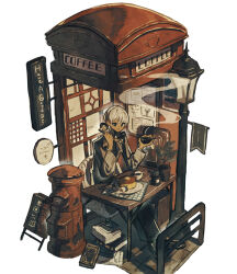 1boy antique_phone black_eyes black_pants black_shoes book bright_pupils butter cafe chair chalkboard_sign coat coffee commentary_request crossed_bangs crossed_legs cup dark-skinned_male dark_skin english_text food fork full_body grey_coat hair_between_eyes highres holding holding_phone holding_smoking_pipe japanese_cylindrical_postbox jimini_shijimi lamppost long_bangs long_sleeves looking_at_viewer male_focus menu_board original pancake pancake_stack pants parted_bangs parted_lips phone phone_booth pile_of_books placemat plant plate postbox_(outgoing_mail) poster_(object) potted_plant rotary_phone shoes short_hair sign sitting smoke smoking_pipe solo table teacup trench_coat white-haired_man_(jimini_shijimi) white_hair white_pupils