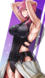 Rule 34 | 1girl, absurdres, armor, armored leotard, arms behind head, arms up, black armor, blue eyes, boobplate, breastplate, breasts, fax61209, final fantasy, final fantasy xiii, highres, large breasts, leotard, lightning farron, lightning returns: final fantasy xiii, looking at viewer, parted lips, pink hair, sideboob, smile, solo, thighhighs, waist cape